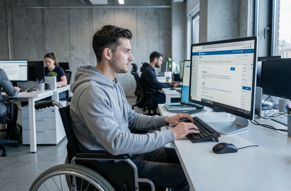 Homme en fauteuil roulant utilisant des commandes clavier adaptées pour naviguer sur un site gouvernemental, représentant l'accessibilité numérique en milieu professionnel