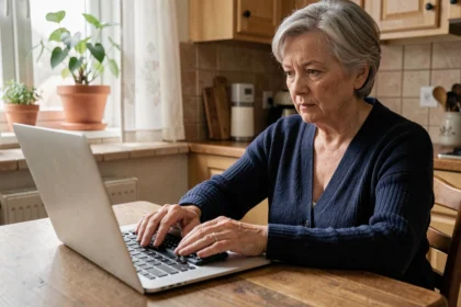 Femme malvoyante utilisant un lecteur d'écran et un afficheur braille sur un ordinateur portable à la maison, illustrant l'accessibilité numérique