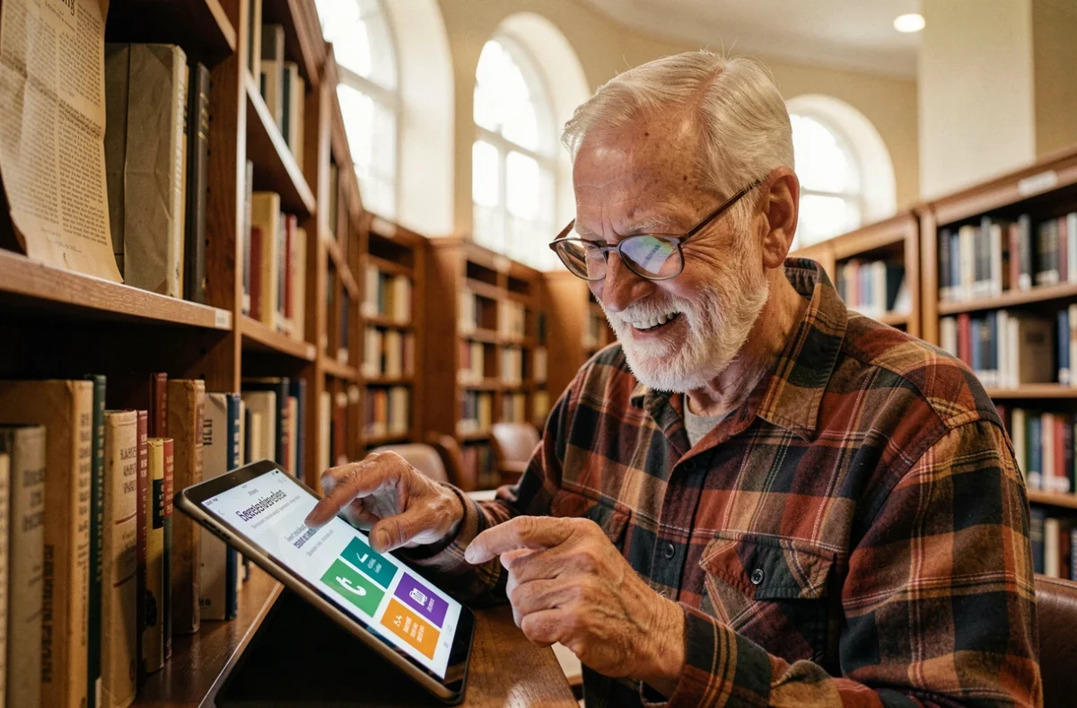 Homme âgé utilisant une tablette avec interface adaptée en grande police et fort contraste dans une bibliothèque, illustrant l'accessibilité numérique pour les seniors