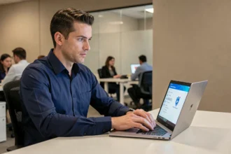 Un homme active Windows Defender sur son ordinateur portable dans un bureau moderne