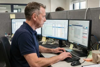 Administrateur réseau appliquant un ban sur un serveur depuis un bureau informatique avec plusieurs écrans