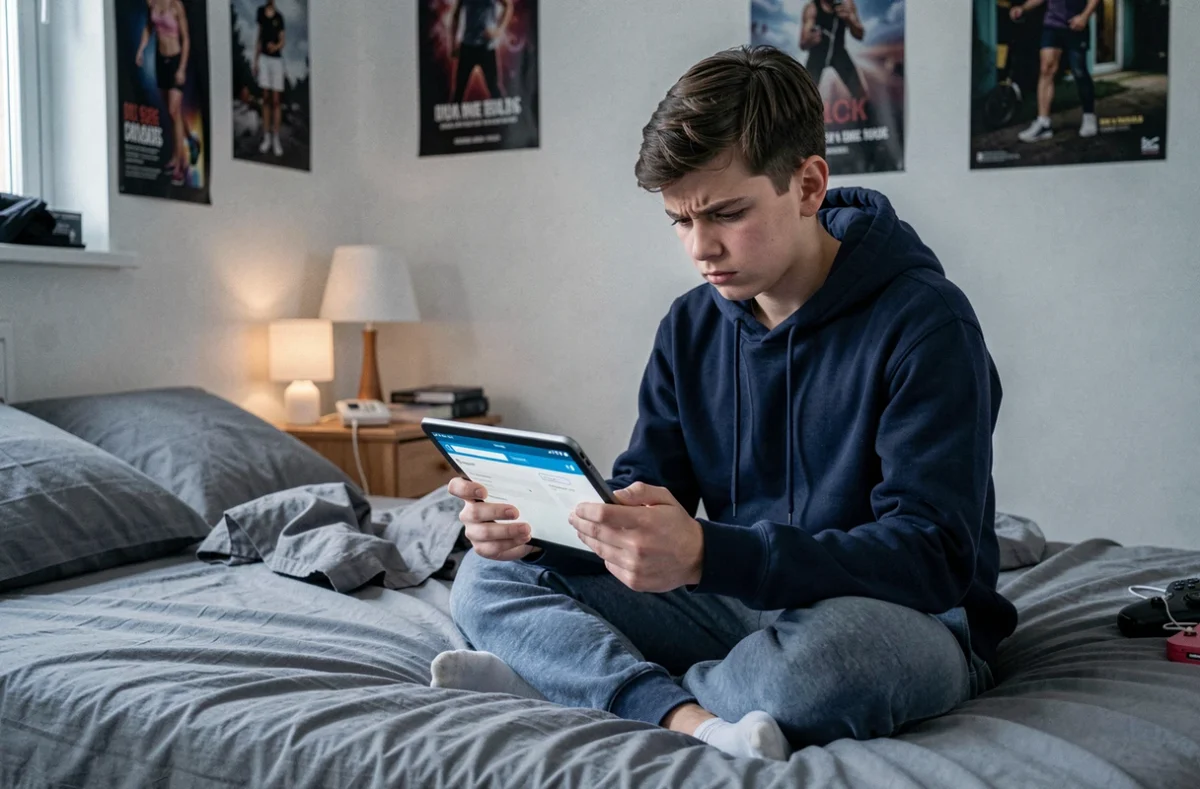 Adolescent confus cherchant le mode navigation privée sur une tablette dans sa chambre