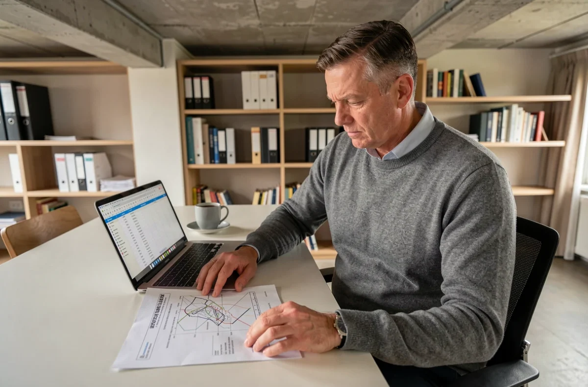 Homme analysant un document de cartographie des risques à son bureau avec un ordinateur portable affichant une matrice de probabilité et d'impact