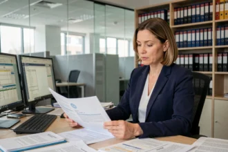 Femme professionnelle analysant des documents relatifs au RGPD et aux exemptions de protection des données dans un bureau moderne