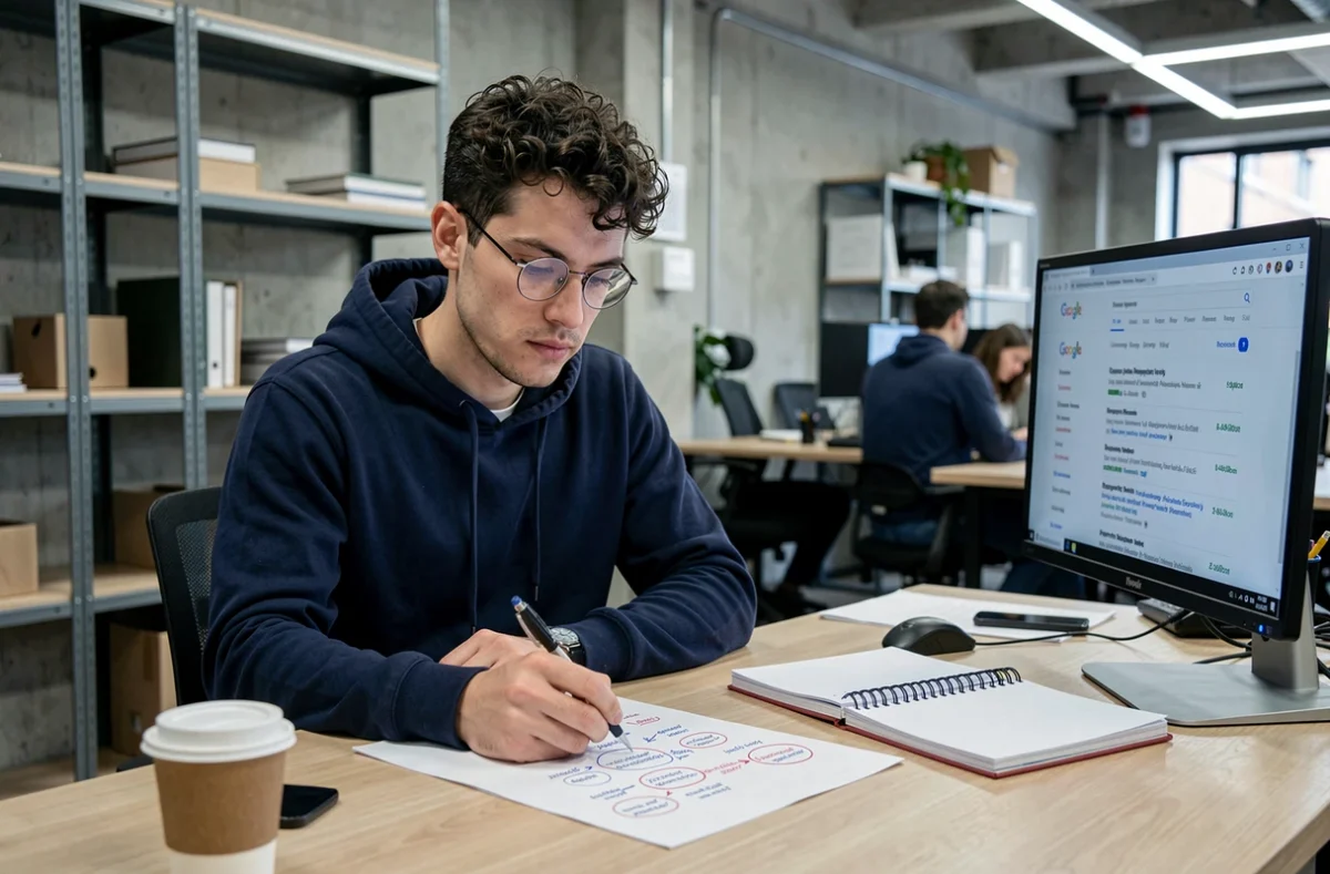 Jeune homme annotant une liste de mots clefs sur papier dans un espace de coworking