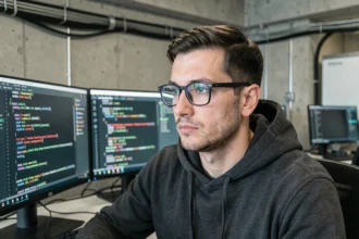 Analyste en cybersécurité identifiant des vulnérabilités logicielles sur un poste de travail à double écran