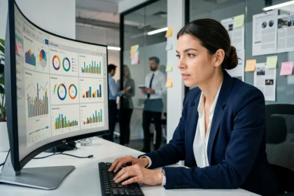 Analyste marketing femme étudiant des tableaux de données et graphiques sur un écran dans un bureau moderne