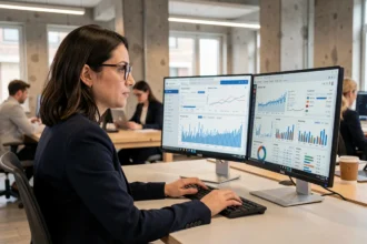 Analyste SEO féminine examinant des tableaux de bord de KPI de référencement sur deux écrans d'ordinateur dans un bureau moderne
