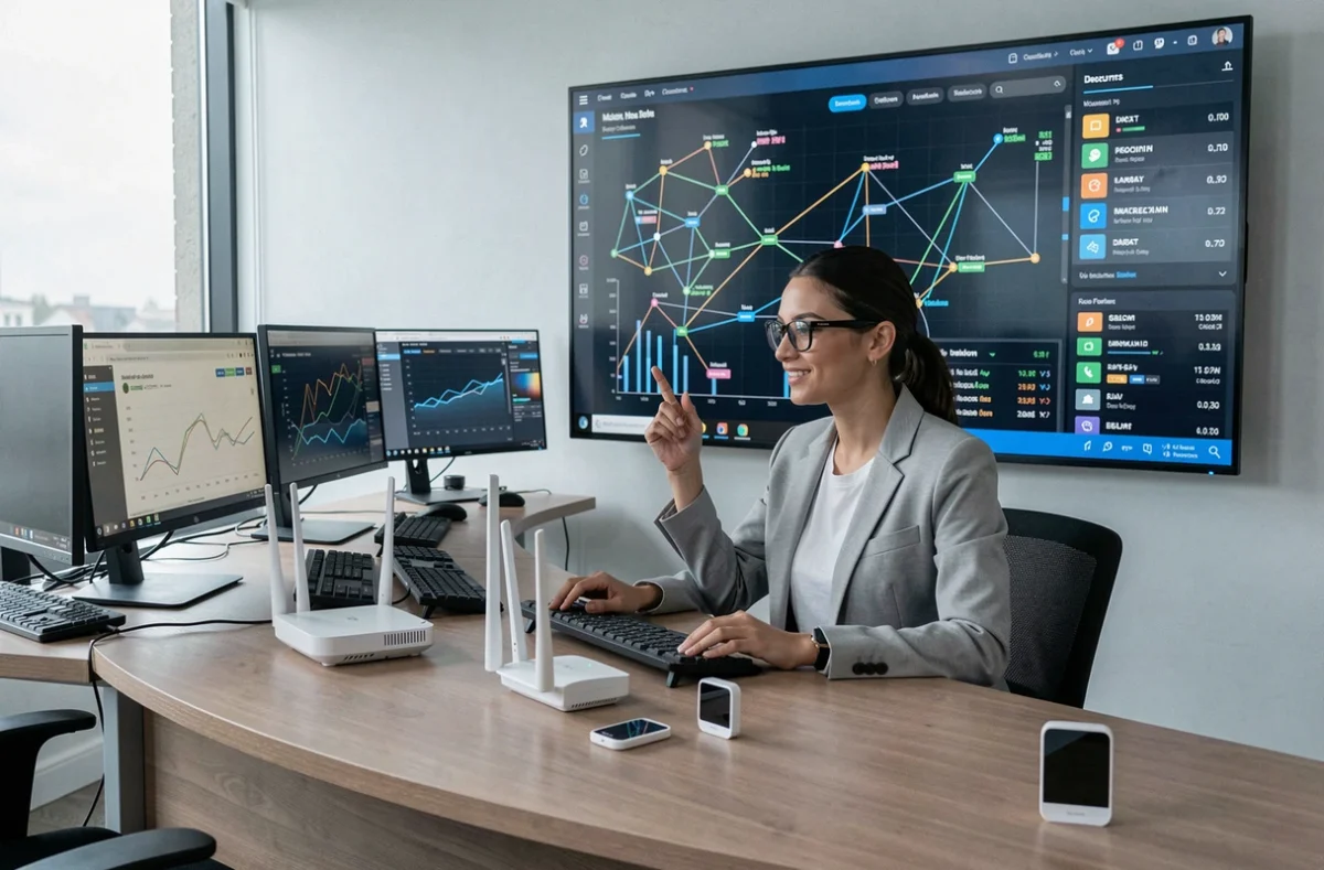 Analyste de données surveillant un tableau de bord IoT en temps réel dans un bureau connecté