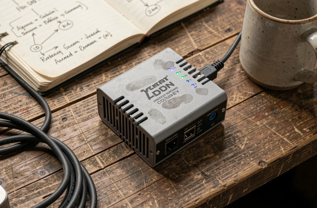 Appareil edge computing compact posé sur un bureau avec câbles ethernet et notes manuscrites de configuration réseau