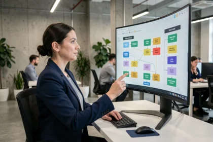 Femme professionnelle interagissant avec un logiciel d'automatisation Workato sur un écran incurvé dans un bureau moderne