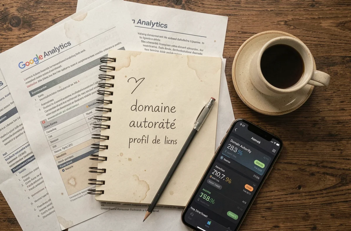 Vue aérienne d'un bureau avec des rapports SEO, des notes manuscrites sur les backlinks et un tableau de bord d'autorité de domaine
