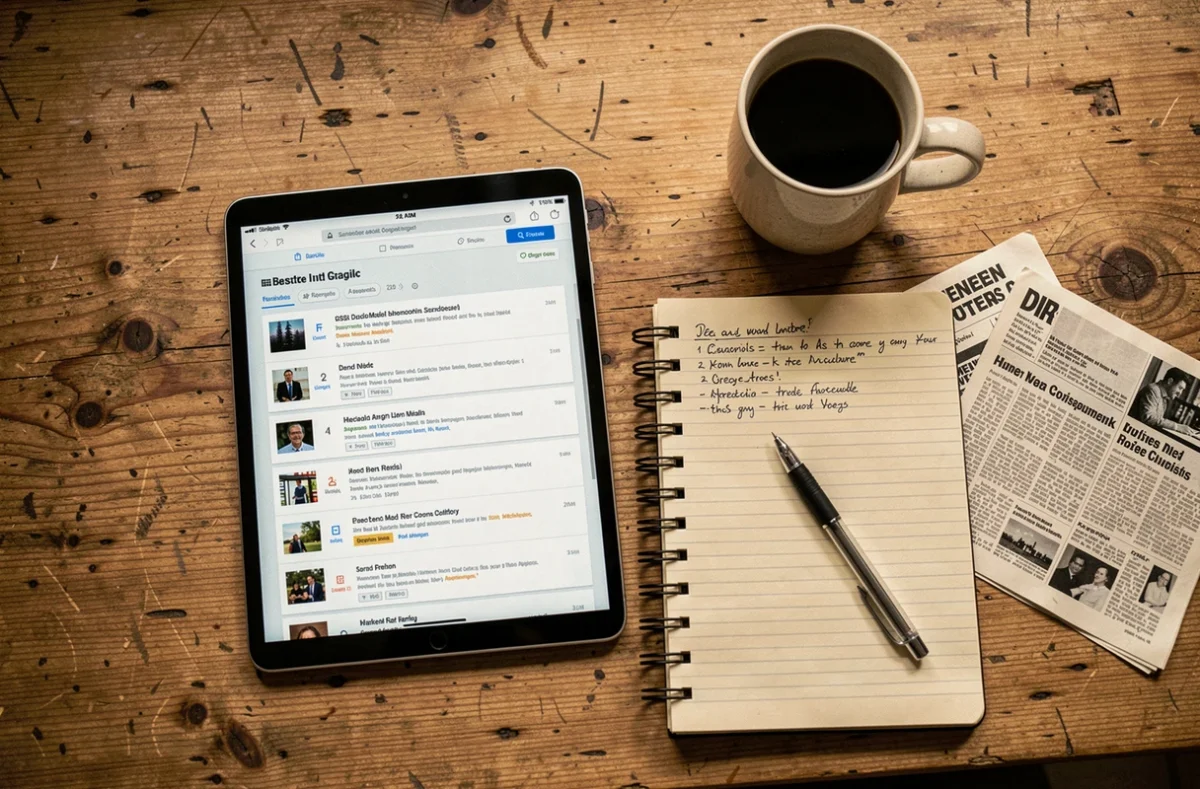 Vue en plongée d'un bureau avec une tablette affichant un agrégateur RSS, un carnet de notes et un café, illustrant la conversion de flux RSS en emails
