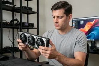 Ingénieur tenant une carte graphique haut de gamme dans un bureau gaming moderne pour jouer en résolution 4K