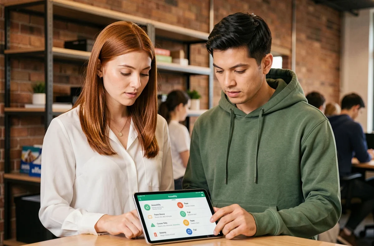 Deux collègues évaluant une checklist d'accessibilité mobile sur une tablette dans un espace de coworking