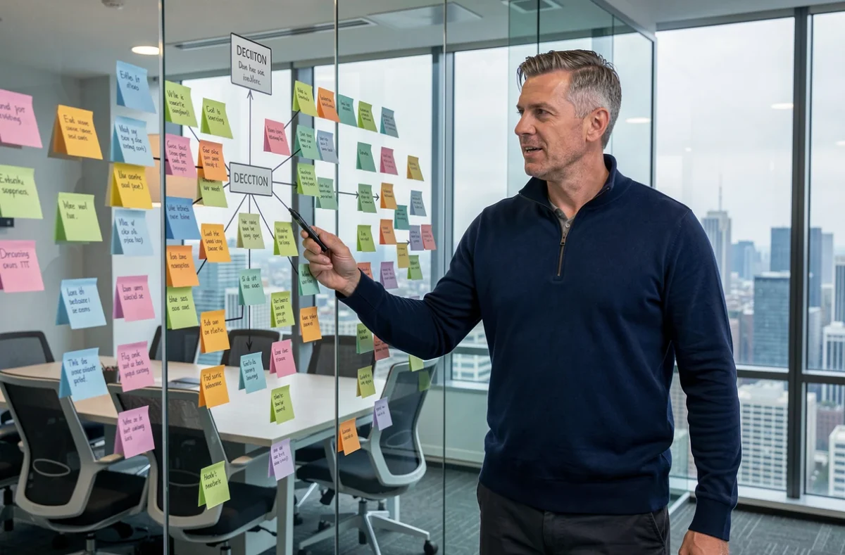 Chef de produit présentant un flux utilisateur sur une vitre recouverte de post-its colorés dans une salle de réunion