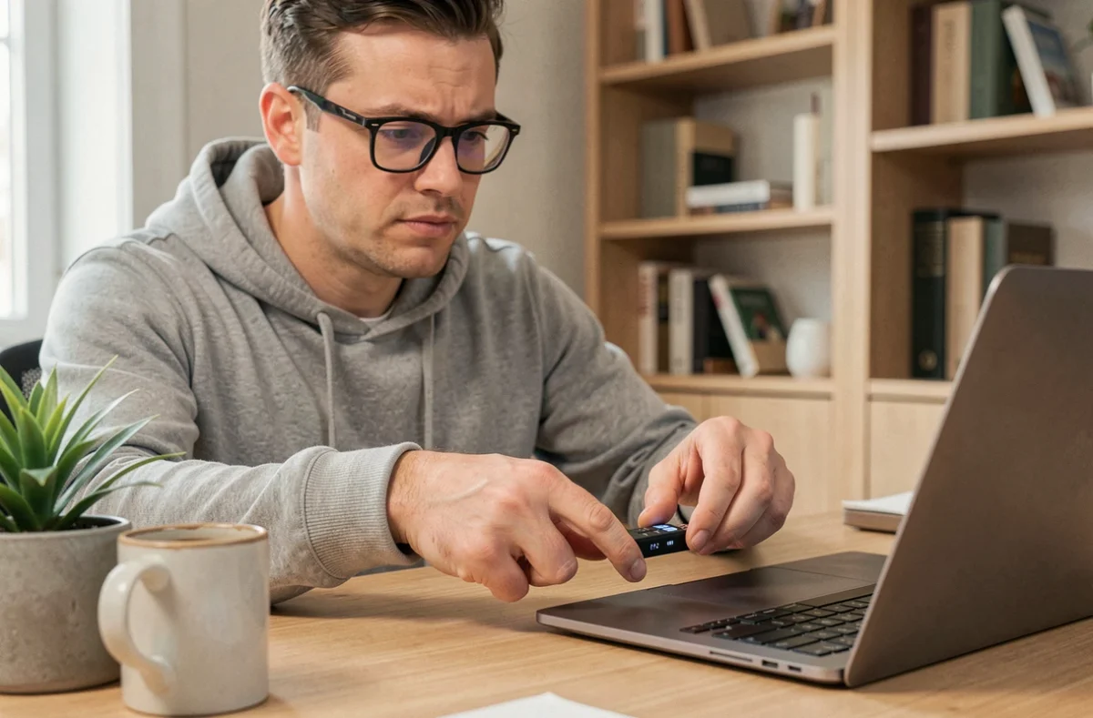 Homme en télétravail insérant une clé de sécurité USB pour protéger son ordinateur portable