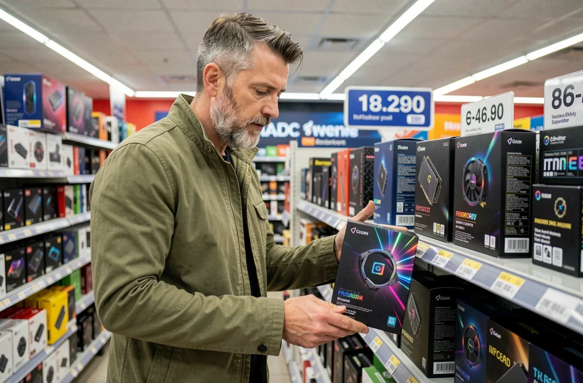 Client comparant des boîtes de cartes graphiques RTX dans un magasin informatique spécialisé