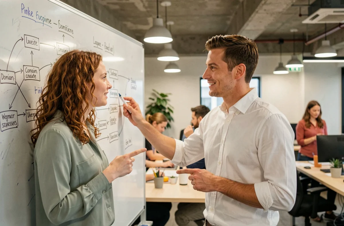 Deux collègues collaborant devant un tableau blanc pour planifier une stratégie d'acquisition de backlinks en co-working