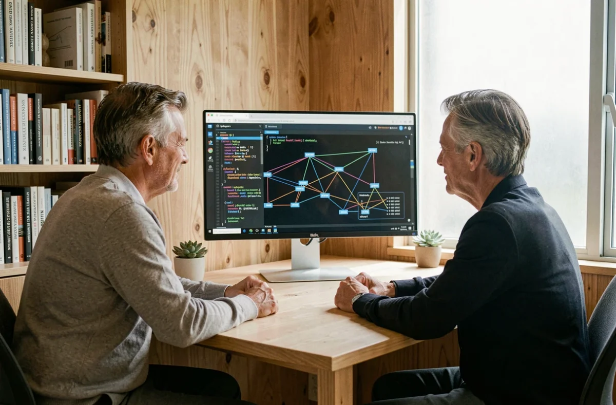 Deux collègues inspectant des commandes kubectl et la configuration réseau pod CIDR sur un écran ultrawide dans un bureau à domicile