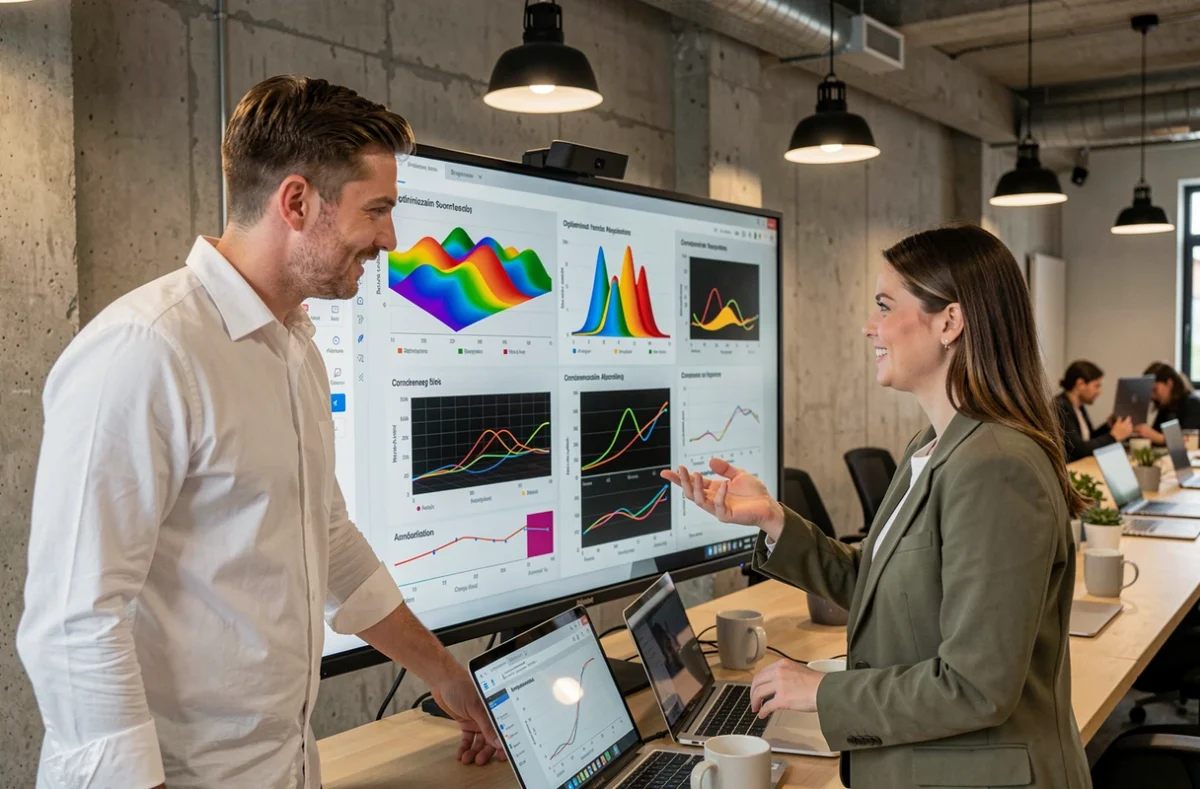 Deux professionnels collaborant devant un écran affichant des comparatifs visuels de méthodes d'optimisation algorithmique