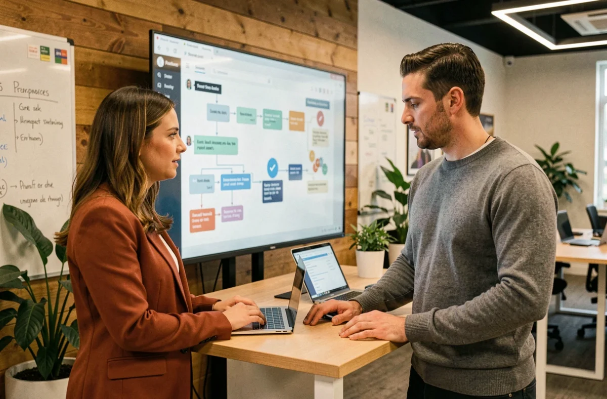Deux professionnels du commerce collaborant autour d'une interface d'intelligence artificielle pour automatiser la relation client