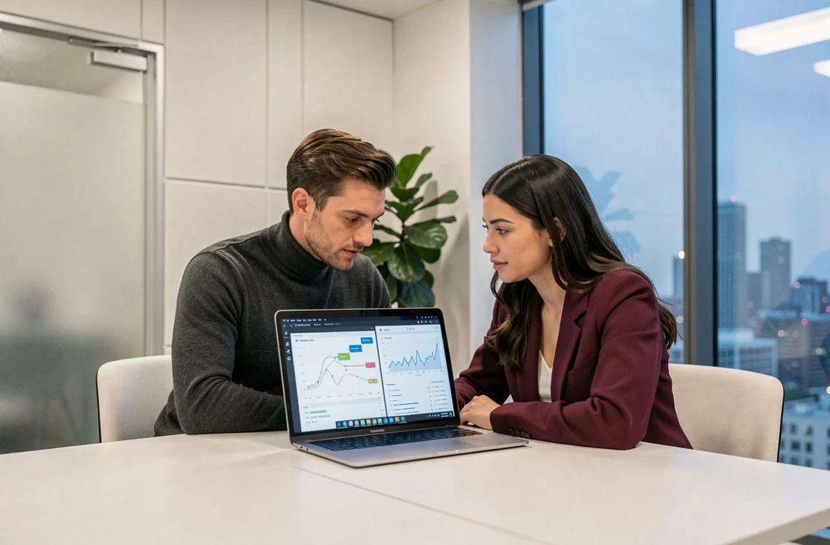 Deux professionnels collaborant sur l'optimisation de pipelines de données devant un ordinateur portable dans une salle de réunion moderne