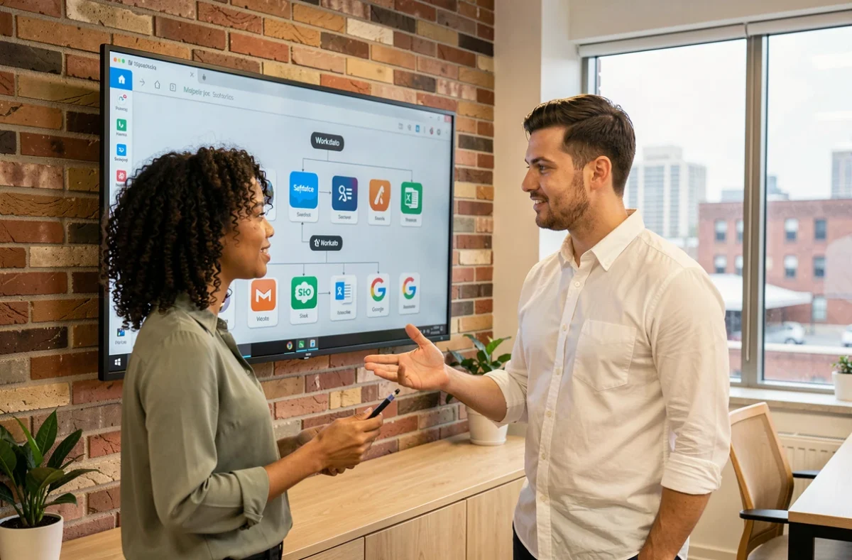 Deux collègues collaborant devant un tableau de bord d'automatisation Workato reliant plusieurs applications cloud