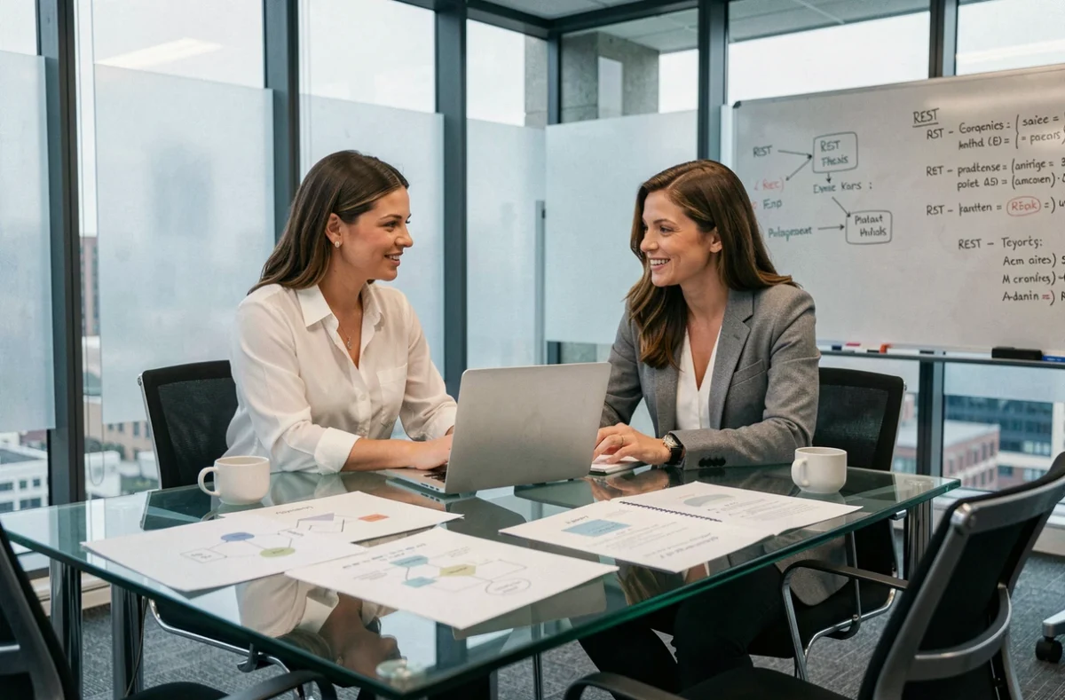 Deux développeuses collaborant autour de schémas d'architecture API dans une salle de réunion moderne