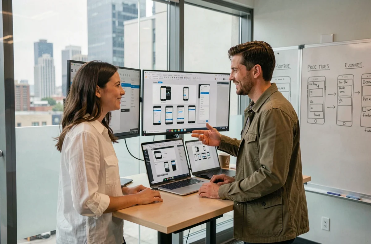 Deux designers UX collaborant sur des interfaces mobiles responsives dans une salle de réunion vitrée avec vue sur la ville