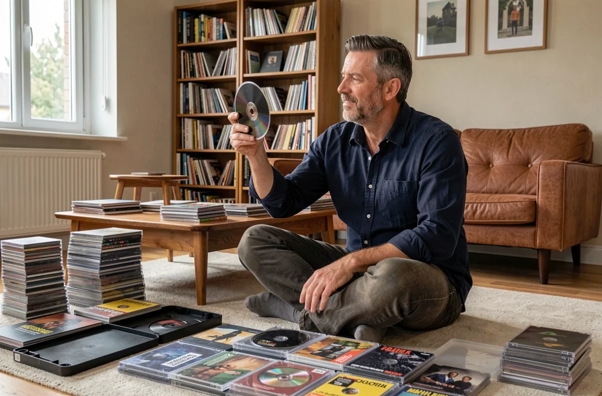 Homme adulte assis parmi sa collection de CD dans un salon, examinant un disque compact avec attention