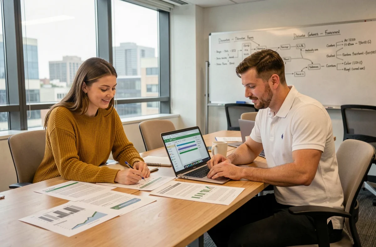 Deux collègues analysant des données reliées entre Access et Excel dans un bureau moderne en open space