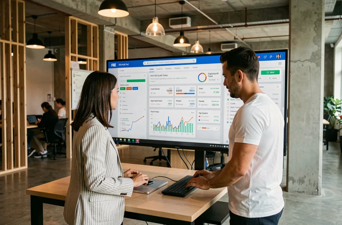 Deux collègues analysant des outils d'audit SEO gratuits sur un écran partagé dans un espace de coworking