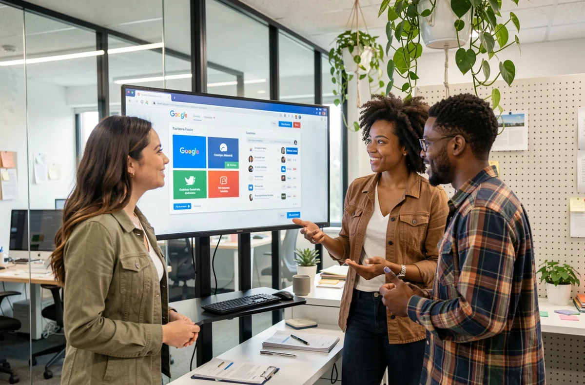 Groupe de collègues analysant les fonctionnalités sociales de Google sur un écran dans un espace de coworking moderne