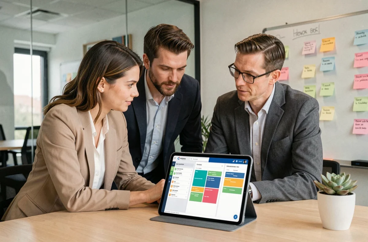 Deux collègues consultant un outil de gestion de projet en ligne sur une tablette en salle de réunion