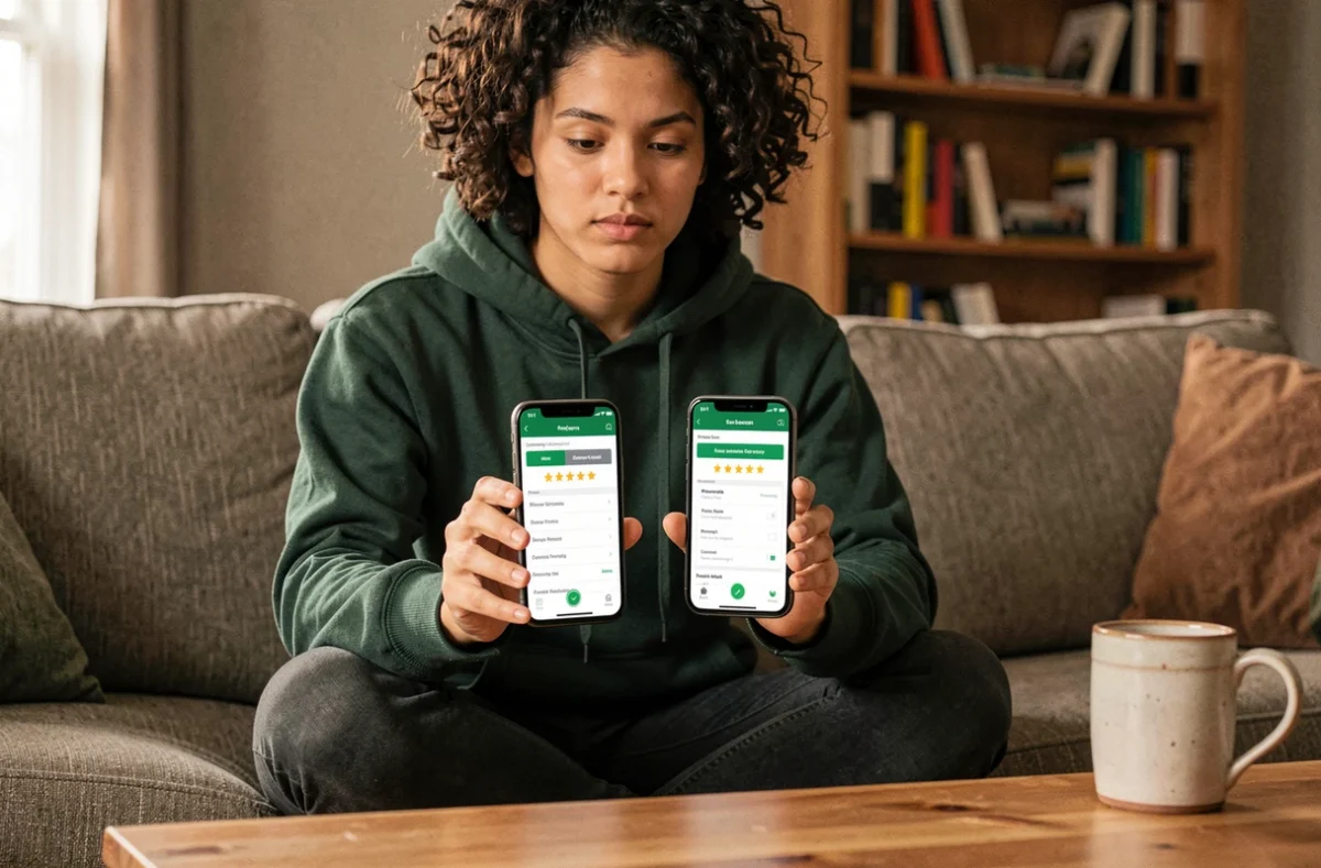 Personne comparant deux applications de sécurité sur deux smartphones dans un salon
