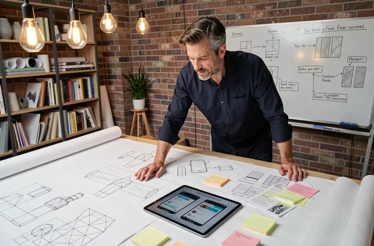 Designer masculin comparant des maquettes mobiles et desktop sur une grande table de travail dans un studio de design