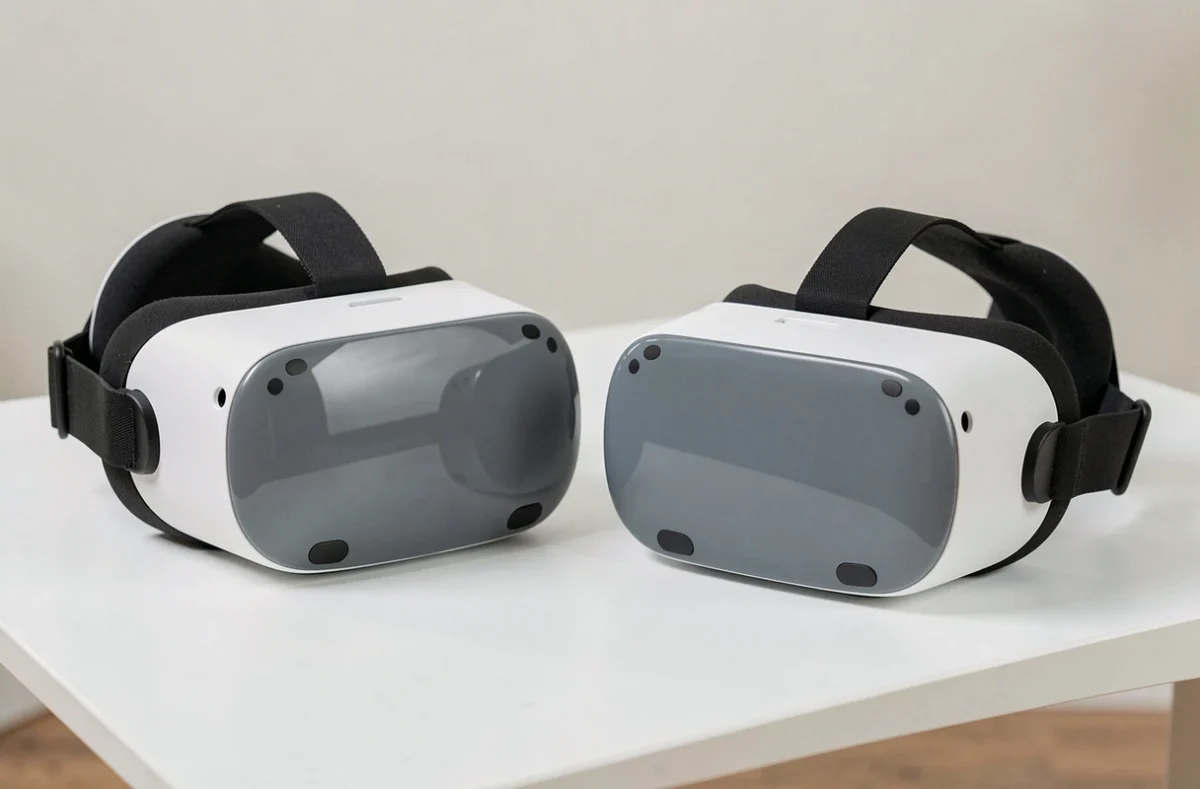 Comparaison côte à côte des casques Meta Quest 2 et Meta Quest 3 posés sur une table blanche