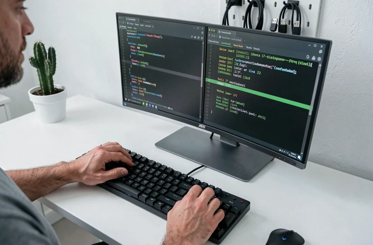 Comparaison des performances Java 17 et Java 21 affichée dans deux terminaux sur un bureau minimaliste