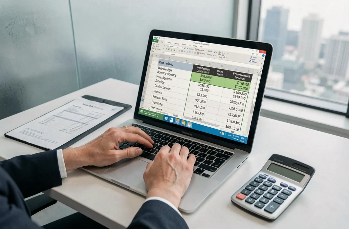 Mains d'une professionnelle comparant les tarifs de création de site web sur un tableau de prix affiché sur un ordinateur portable