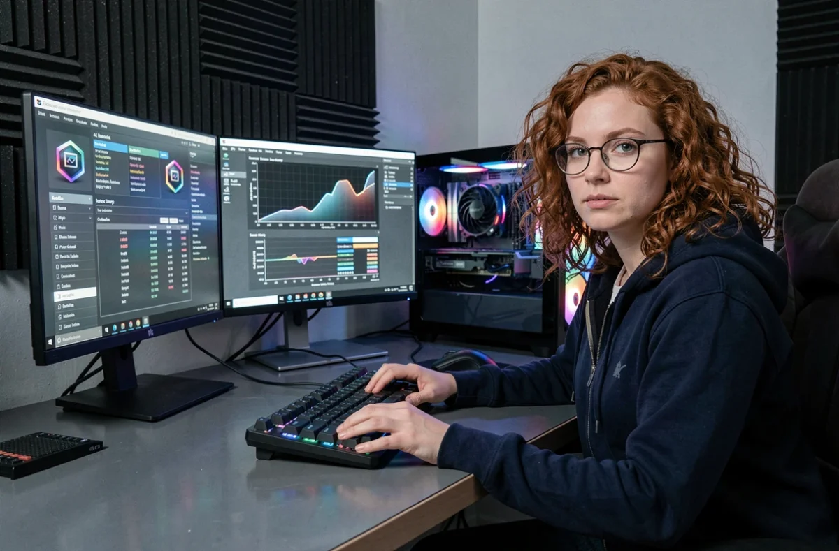 Femme comparant des performances de cartes graphiques sur triple écran 4K dans une salle gaming