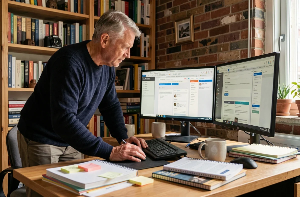 Homme travaillant sur la conception d'un email marketing attractif dans un bureau à domicile avec deux écrans