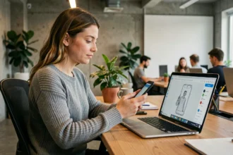 Femme utilisant un smartphone et un ordinateur portable pour concevoir une interface mobile responsive dans un bureau moderne