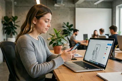 Femme utilisant un smartphone et un ordinateur portable pour concevoir une interface mobile responsive dans un bureau moderne