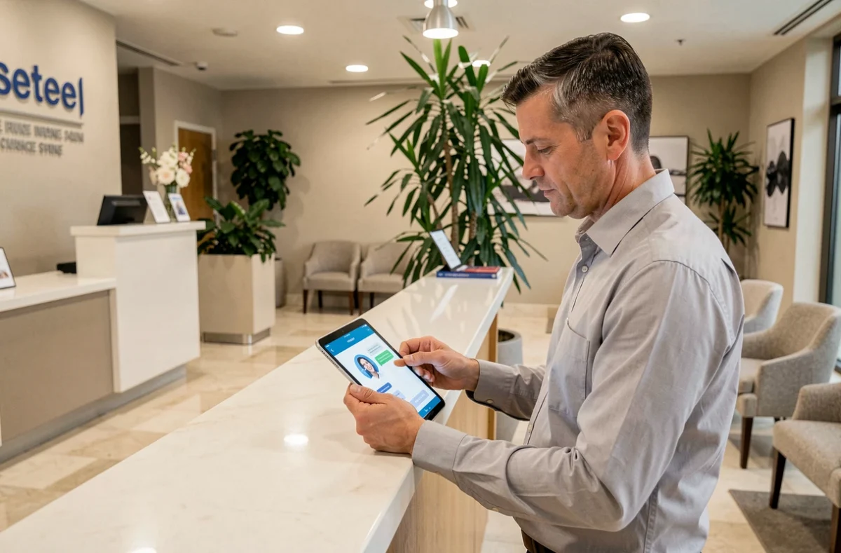 Conseiller professionnel interagissant avec un chatbot IA sur tablette dans un espace d'accueil clientèle