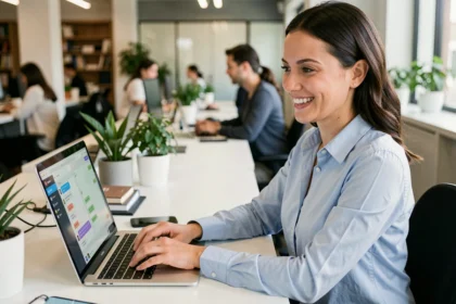 Conseillère clientèle souriante utilisant un chatbot sur son ordinateur portable dans un bureau moderne