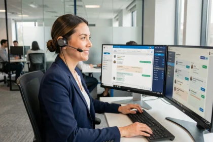 Conseillère clientèle avec casque sans fil utilisant une interface IA sur ses écrans dans un centre d'appels moderne