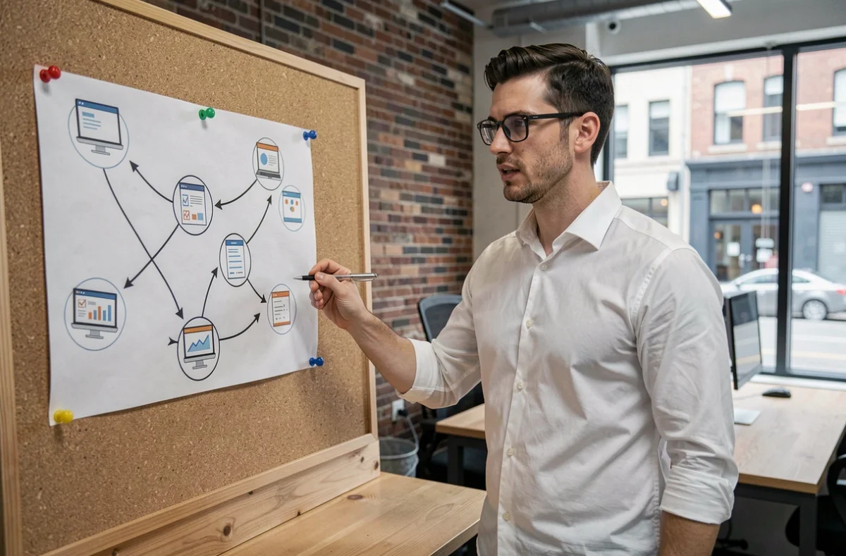 Consultant SEO expliquant une stratégie de backlinks sur un tableau de liens dans une agence web moderne