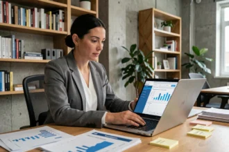 Consultante SEO analysant des données de référencement naturel sur un écran d'ordinateur dans un bureau moderne