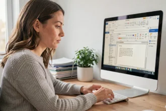 Femme convertissant un fichier OpenOffice en Microsoft Word sur un ordinateur de bureau dans un bureau à domicile moderne
